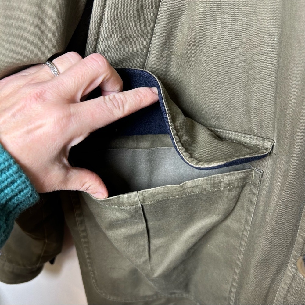 Vintage men’s canvas chore coat leather collar large barn work long oversized - Picture 7 of 11